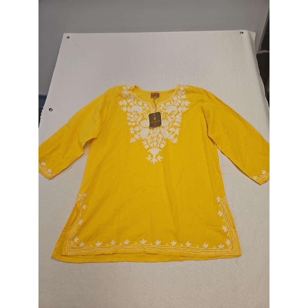 Vuala  INDIAN FANCY EMBROIDERY Shirt Yellow 3/4 Sleeve TUNIC TOP embroidered new